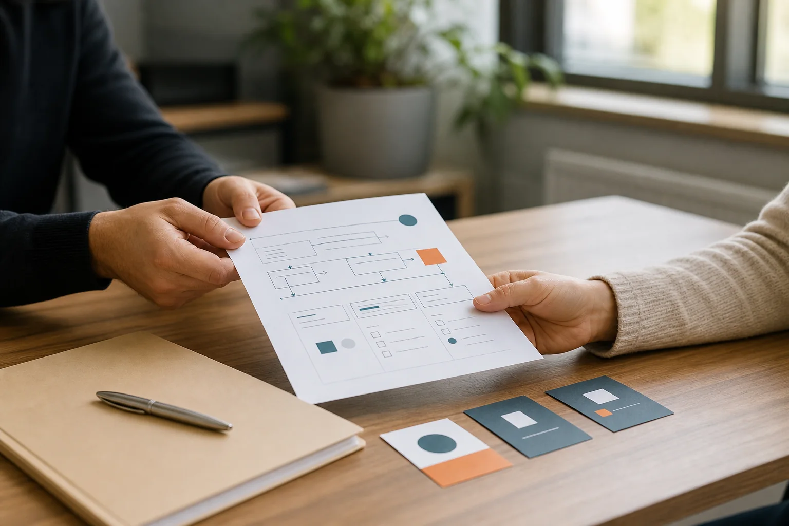 Colleagues passing a printed job sheet across a desk